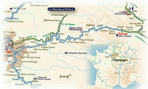 MAPA DEL ITINERARIO -Champagne- CRUCEROS CHAMPAGNE FRANCE RIO MARNE RIVER LA NOUVELLE ETOILE HOTEL BARGE CRUISES CHAMPAGNE LUXURY CRUISES CANAL CRUCEROS DE LUJO CANALES FRANCIA